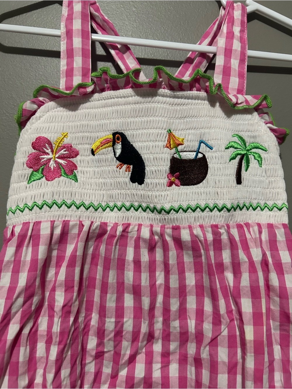 Pink Gingham Embroidered Girls Vacation Bubble - Picture 2 of 4